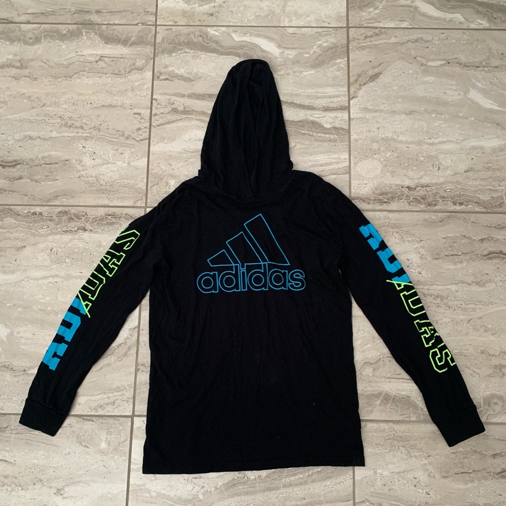Adidas- Black/Blue/Green long sleeve shirt with hoodie